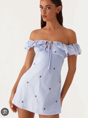 Off-Shoulder Blue Stripe Mini Dress with strawberry Embroidery